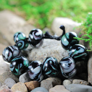 9 Loose Lampwork Rondelle Beads // Soft / Effetre Moretti Glass // Green & White Swirls Over Black Purple - Z805