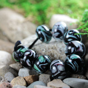 9 Loose Lampwork Rondelle Beads // Soft / Effetre Moretti Glass // Green & White Swirls Over Black Purple - Z805