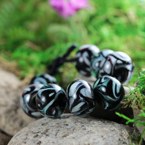 9 Loose Lampwork Rondelle Beads // Soft / Effetre Moretti Glass // Green & White Swirls Over Black Purple - Z805