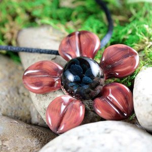 3D Flower Implosion Lampwork Pendant Necklace (Borosilcate / Boro Glass) - Red Raven - Black - Z309