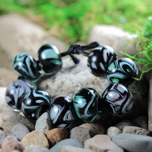 9 Loose Lampwork Rondelle Beads // Soft / Effetre Moretti Glass // Green & White Swirls Over Black Purple - Z805