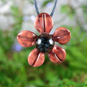 3D Flower Implosion Lampwork Pendant Necklace (Borosilcate / Boro Glass) - Red Raven - Black - Z309