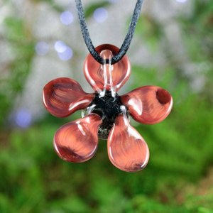3D Flower Implosion Lampwork Pendant Necklace (Borosilcate / Boro Glass) - Red Raven - Black - Z309