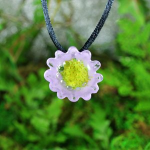 Hand Blown Flower Lampwork Pendant Necklace // Boro/Borosilicate Glass // Lavender, Happy Yellow, Dots // Z312
