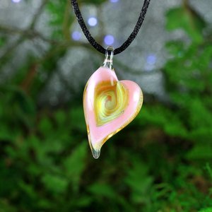 Hand Blown Lampwork Glass Heart Pendant Necklace // Boro/Borosilicate // Handmade Glass Art // Clear, Yellow, Pink Sparkle // Z1126
