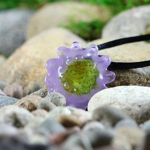 Hand Blown Flower Lampwork Pendant Necklace // Boro/Borosilicate Glass // Lavender, Happy Yellow, Dots // Z312