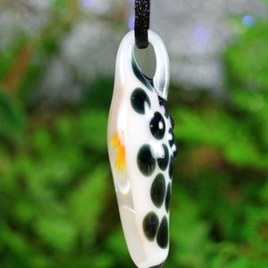 Orange Flower Implosion Lampwork Pendant Necklace // Borosilicate/Boro Glass // Orange Flower Encased in White and Black Polka Dot // Z1122