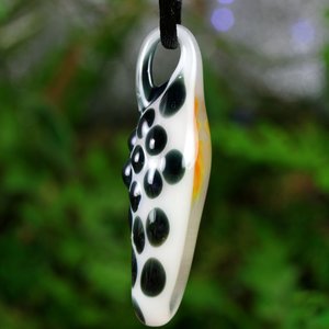 Orange Flower Implosion Lampwork Pendant Necklace // Borosilicate/Boro Glass // Orange Flower Encased in White and Black Polka Dot // Z1122