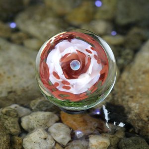 Handmade Lampwork Flower Marble (Borosilicate / Boro Glass) w/ Opal Orb & Art Nouveau Inspired Vines - Hand Blown Marbles - 1 5/16 inch/34mm