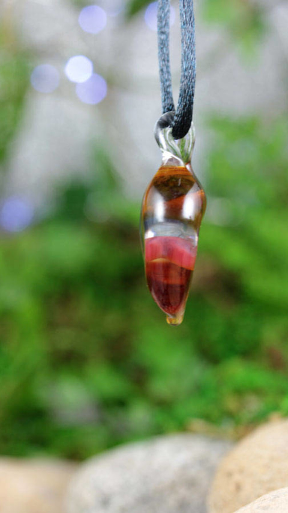 Lampwork Heart Pendant Necklace // Brosilicate/Boro Glass // Transparent// Striped Amber, Purple, Lavender, Pink // Z112