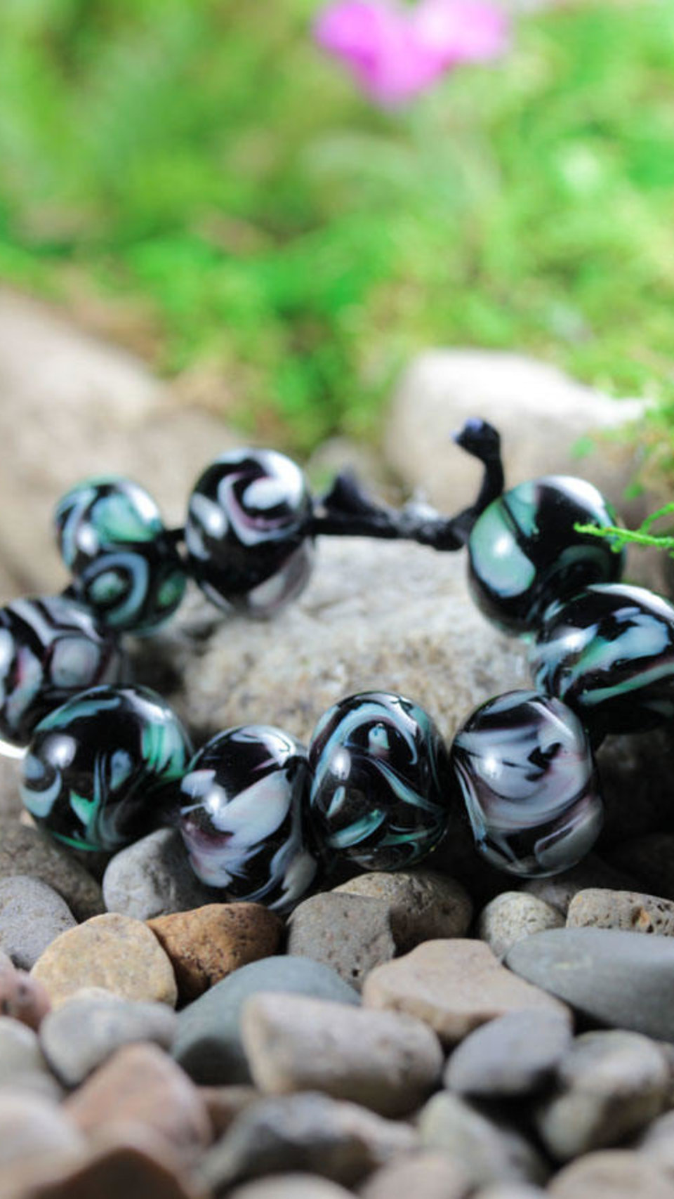 9 Loose Lampwork Rondelle Beads // Soft / Effetre Moretti Glass // Green & White Swirls Over Black Purple - Z805