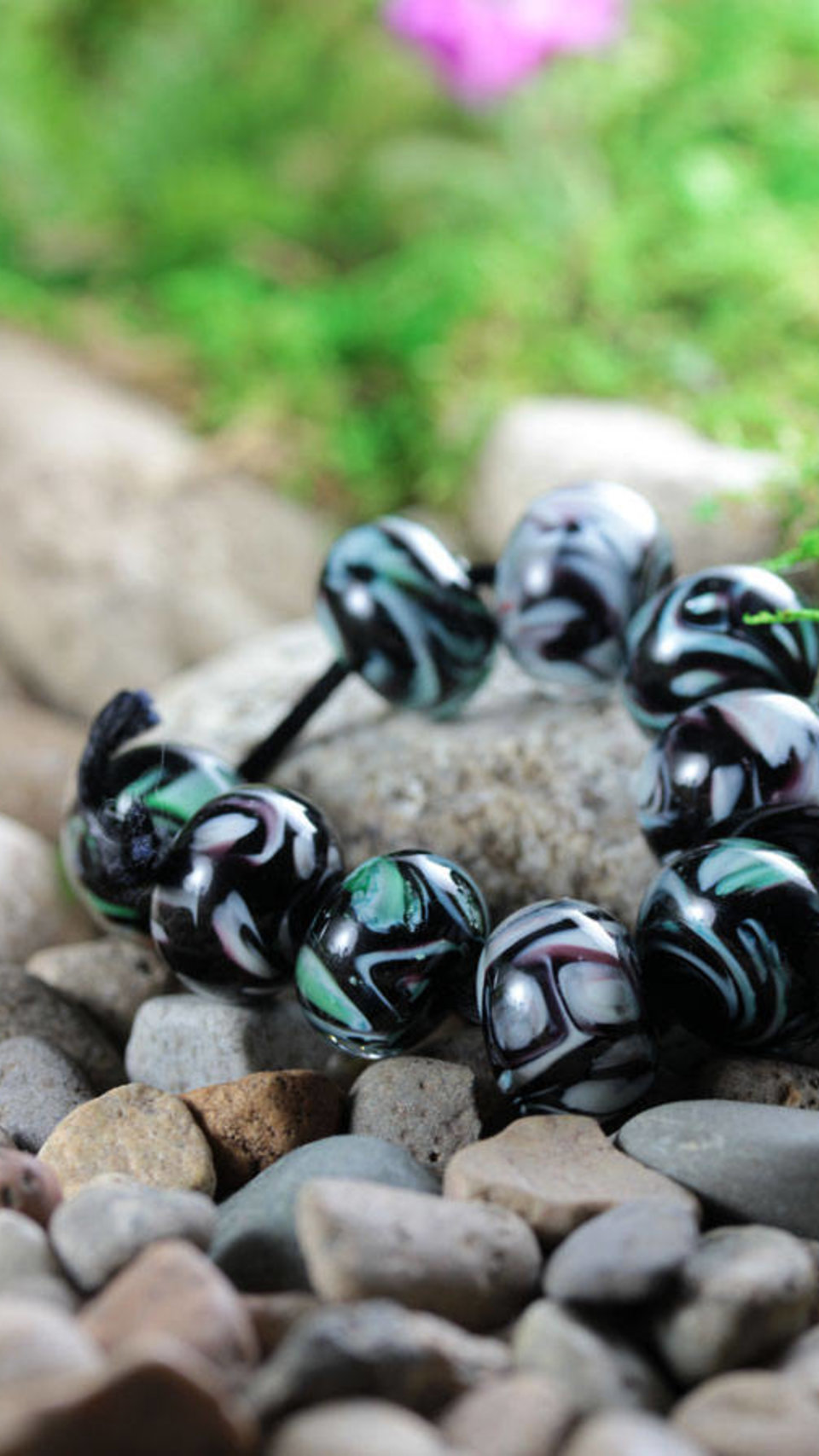 9 Loose Lampwork Rondelle Beads // Soft / Effetre Moretti Glass // Green & White Swirls Over Black Purple - Z805
