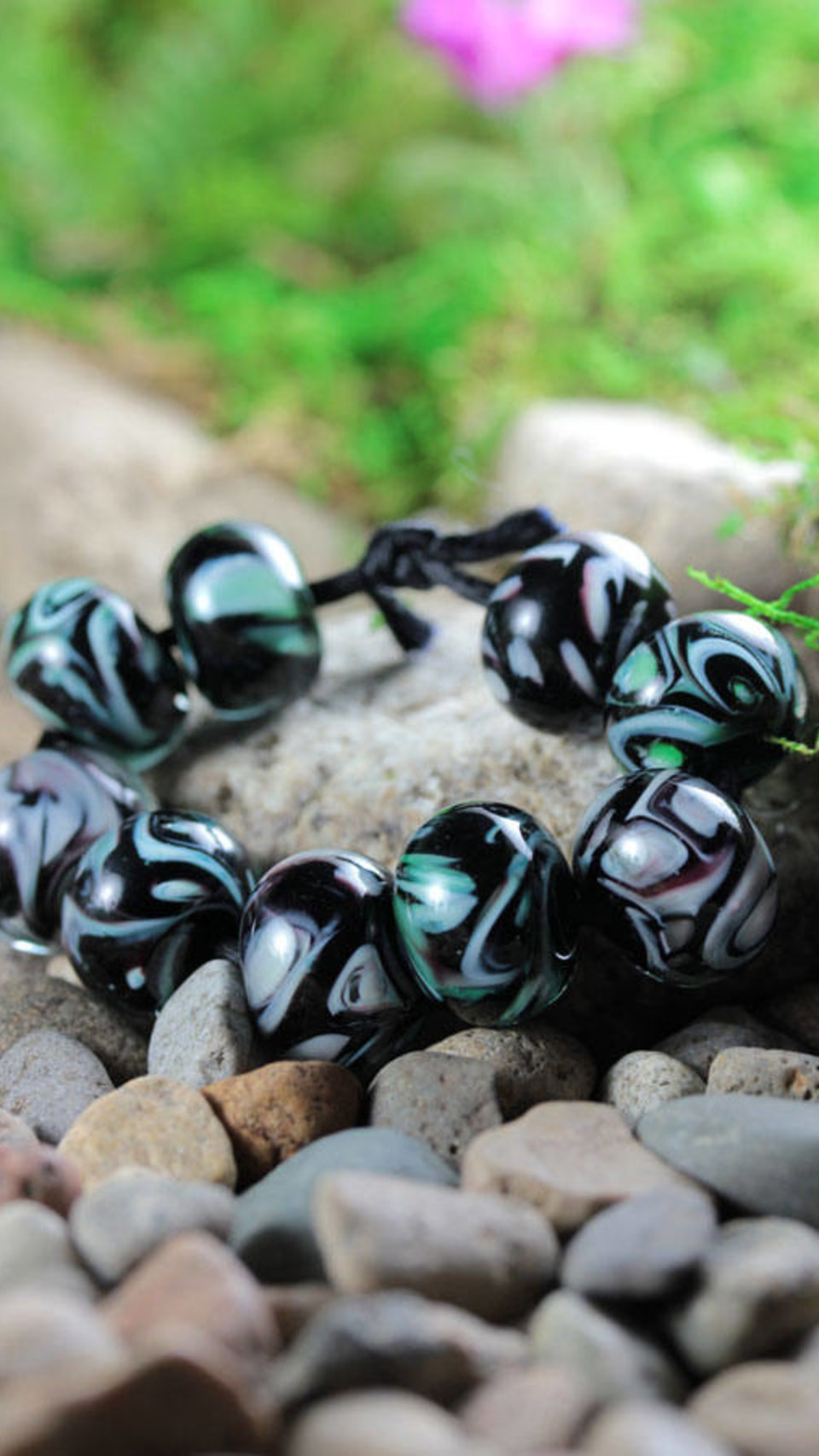 9 Loose Lampwork Rondelle Beads // Soft / Effetre Moretti Glass // Green & White Swirls Over Black Purple - Z805