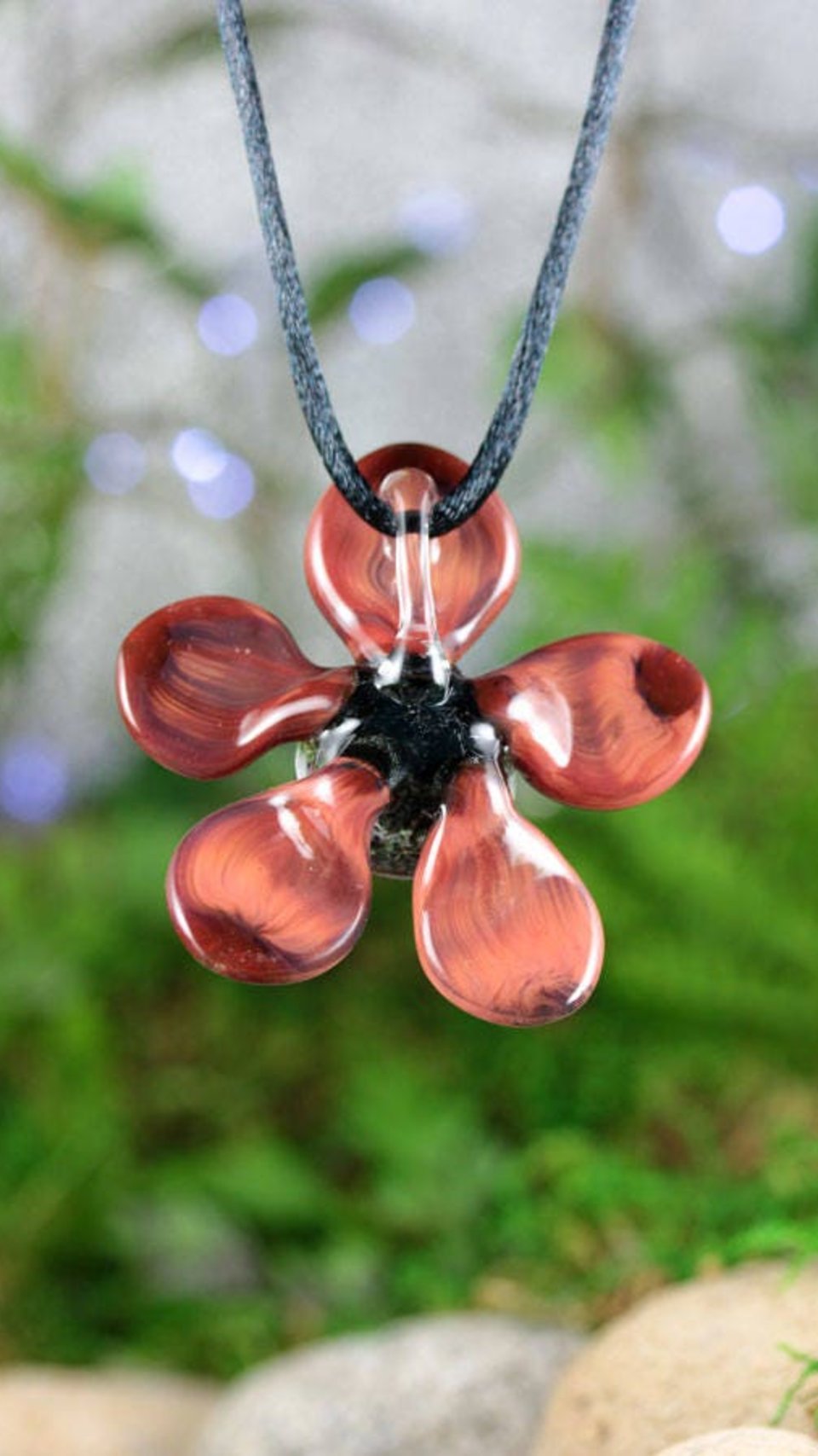 3D Flower Implosion Lampwork Pendant Necklace (Borosilcate / Boro Glass) - Red Raven - Black - Z309