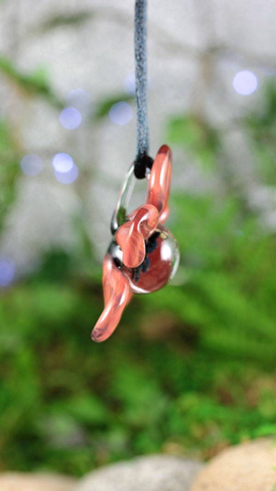 3D Flower Implosion Lampwork Pendant Necklace (Borosilcate / Boro Glass) - Red Raven - Black - Z309