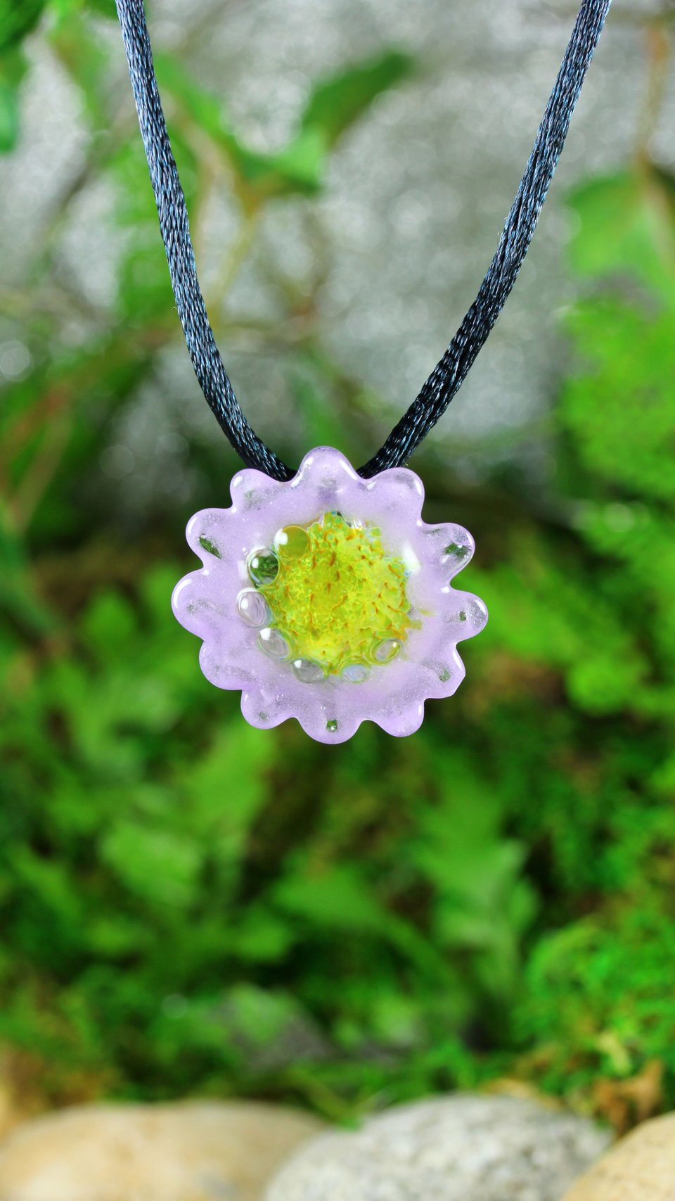 Hand Blown Flower Lampwork Pendant Necklace // Boro/Borosilicate Glass // Lavender, Happy Yellow, Dots // Z312