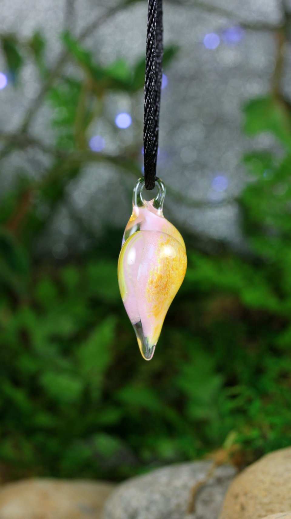 Hand Blown Lampwork Glass Heart Pendant Necklace // Boro/Borosilicate // Handmade Glass Art // Clear, Yellow, Pink Sparkle // Z1126