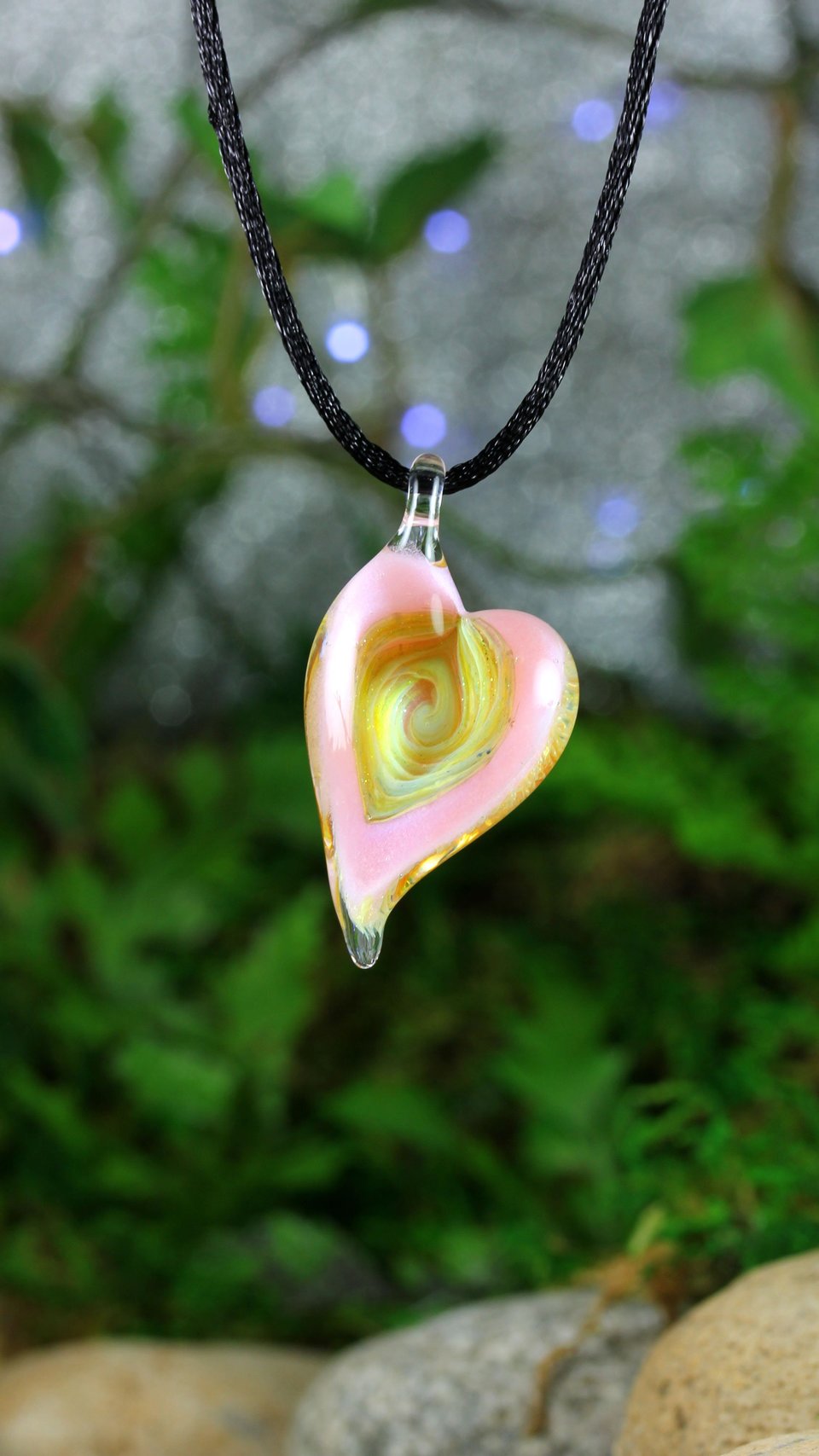 Hand Blown Lampwork Glass Heart Pendant Necklace // Boro/Borosilicate // Handmade Glass Art // Clear, Yellow, Pink Sparkle // Z1126