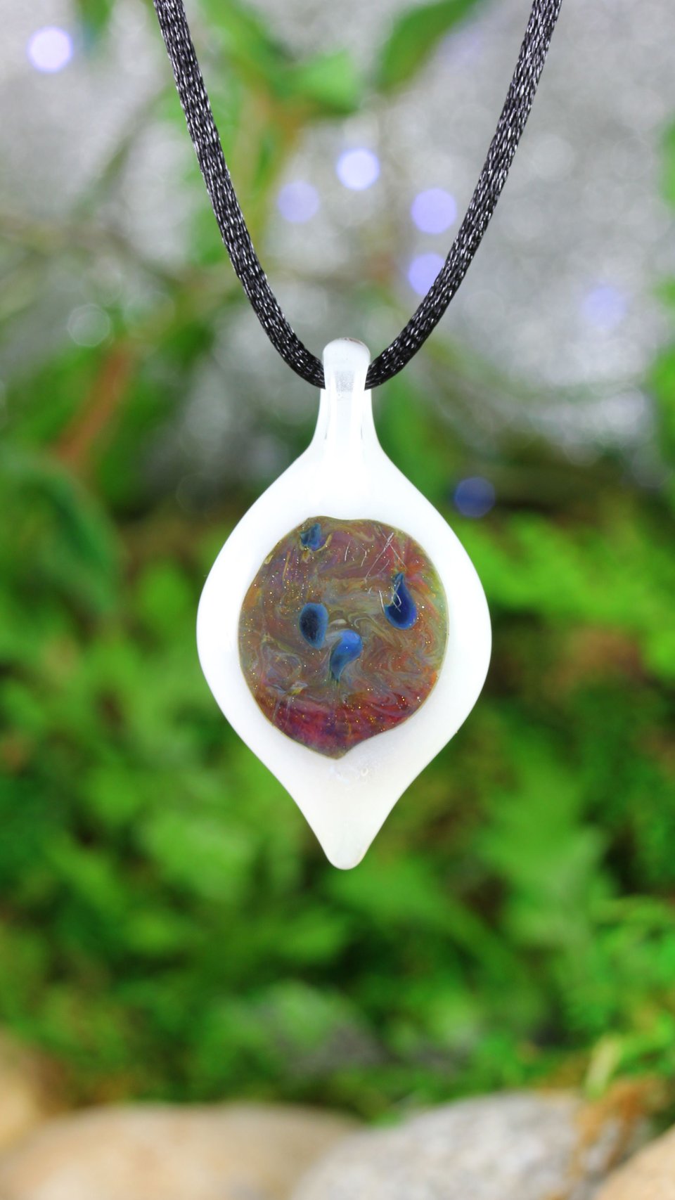 Mushroom Lampwork Pendant // Handmade Glass // Boro/Borosilicate Glass // 4 Blue Mushrooms Growing From the Earth, White // Z1120