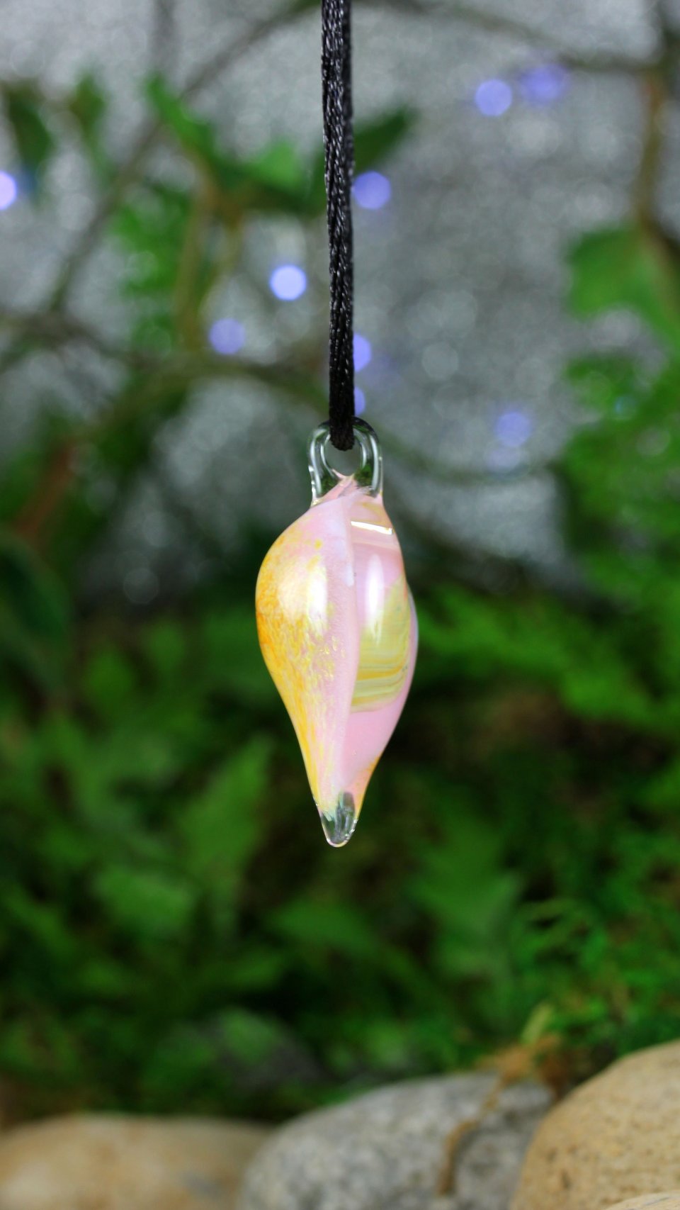 Hand Blown Lampwork Glass Heart Pendant Necklace // Boro/Borosilicate // Handmade Glass Art // Clear, Yellow, Pink Sparkle // Z1126