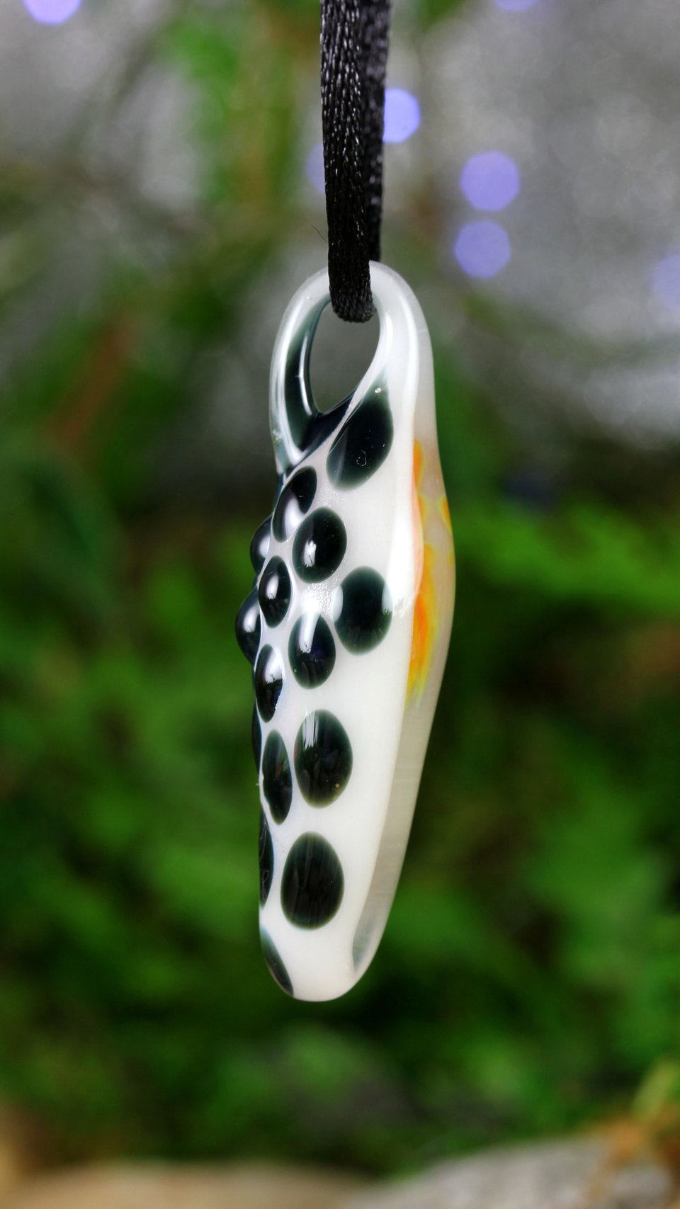 Orange Flower Implosion Lampwork Pendant Necklace // Borosilicate/Boro Glass // Orange Flower Encased in White and Black Polka Dot // Z1122