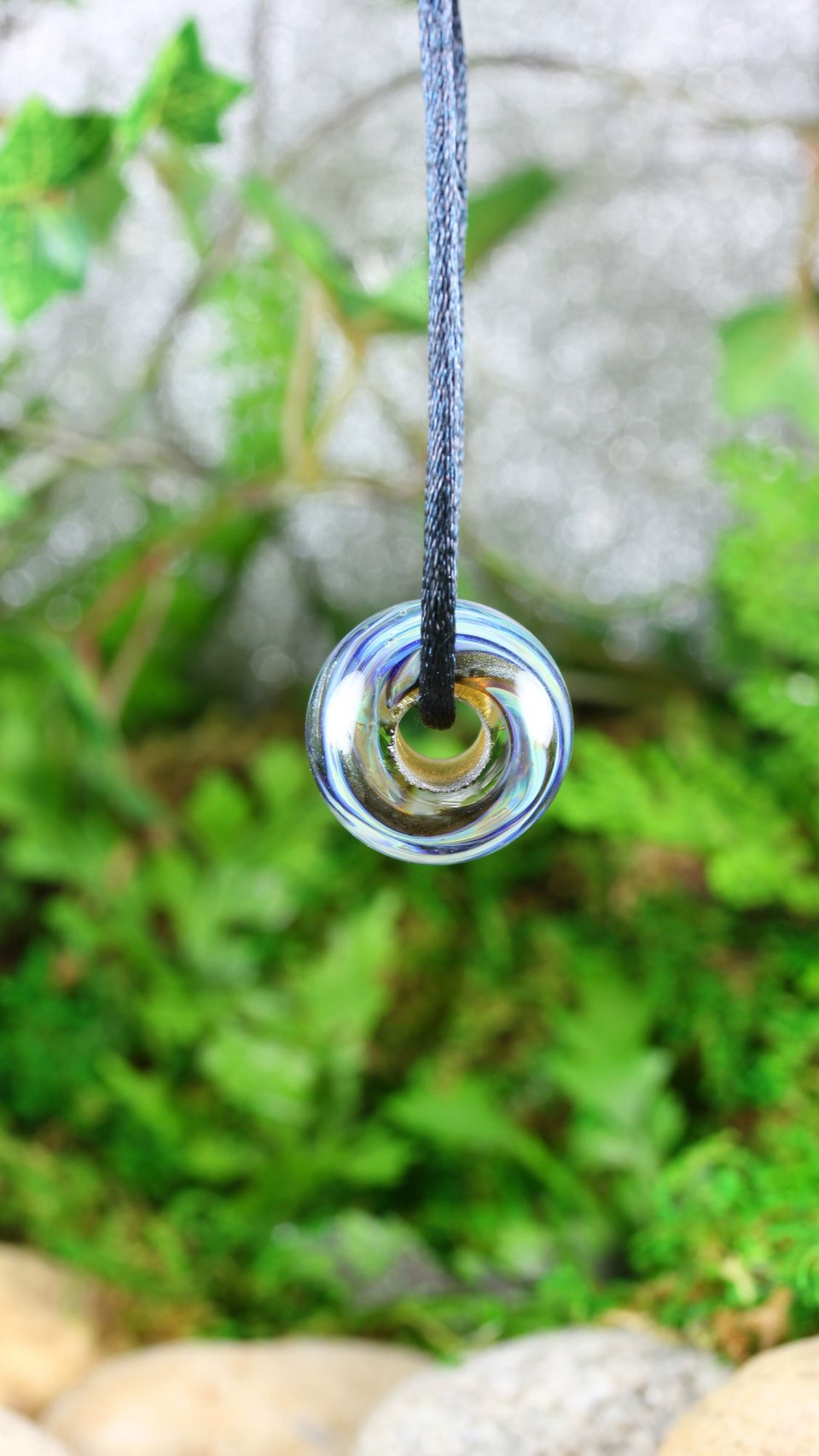 Handmade Large Lampwork Bead Pendant // Borosilicate/Boro Glass // Blue Stripes and Swirl // Center Piece // Z179