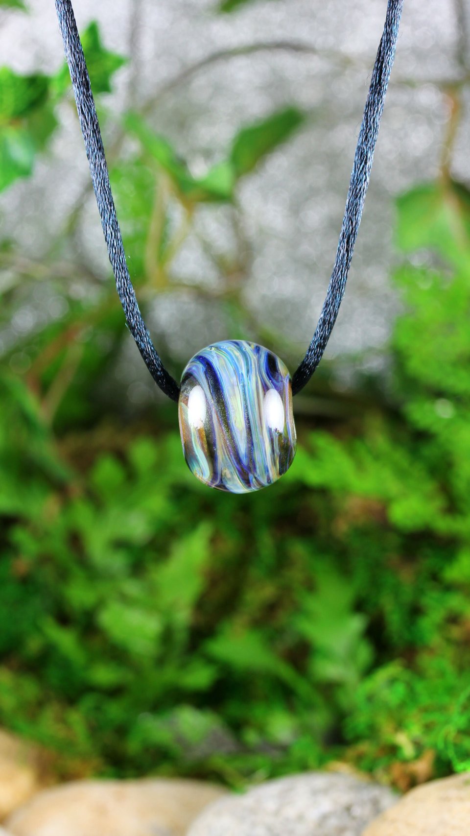 Handmade Large Lampwork Bead Pendant // Borosilicate/Boro Glass // Blue Stripes and Swirl // Center Piece // Z179