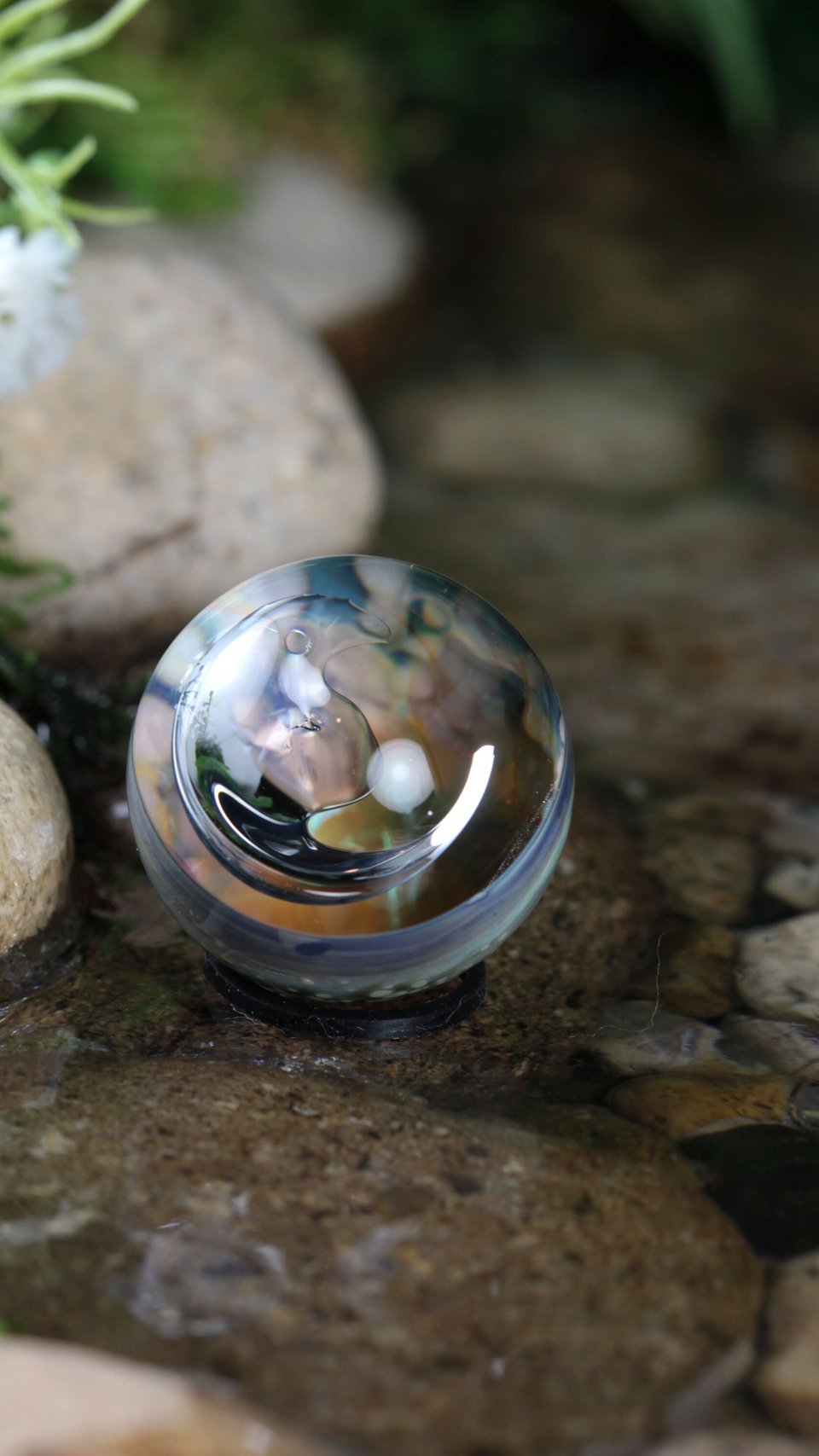 Handmade Lampwork Marble (Borosilicate/Boro Glass) Hand-Blown Hider Lunar Space Marbles - Mirror Moon Bubble - 1 inch / 26mm - Z773